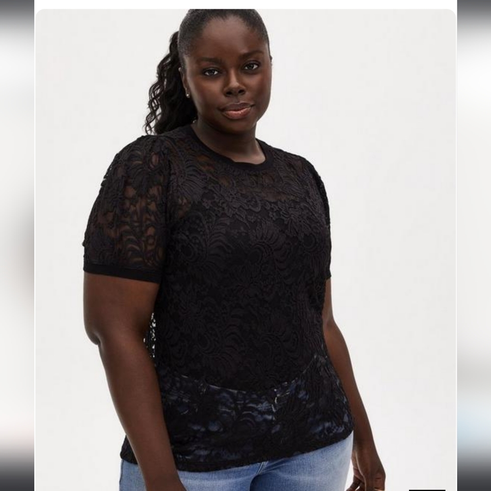 Torrid - Black lace top with puff sleeves. Size 1